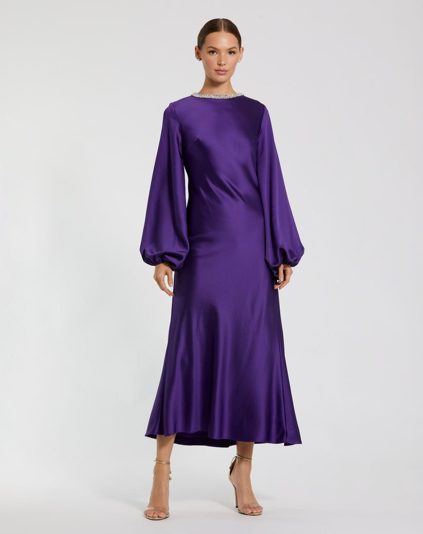 Cocktail Dresses Long Sleeve Satin Tea Length Dress Royal Purple