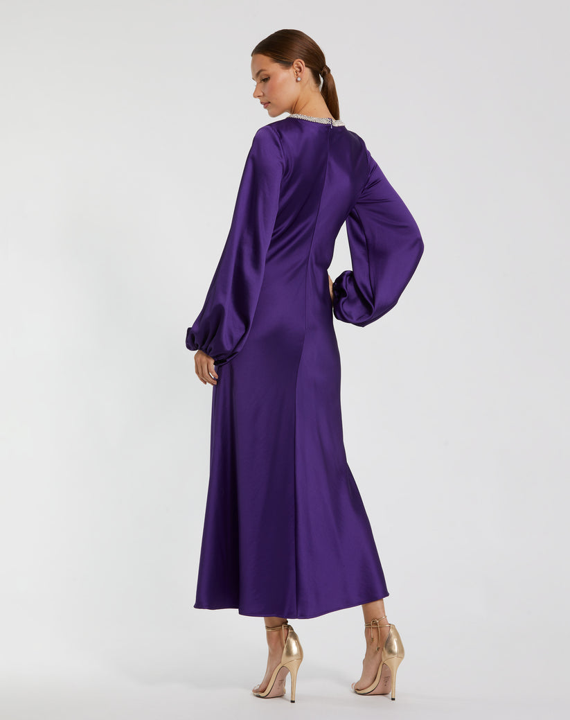 Cocktail Dresses Long Sleeve Satin Tea Length Dress Royal Purple