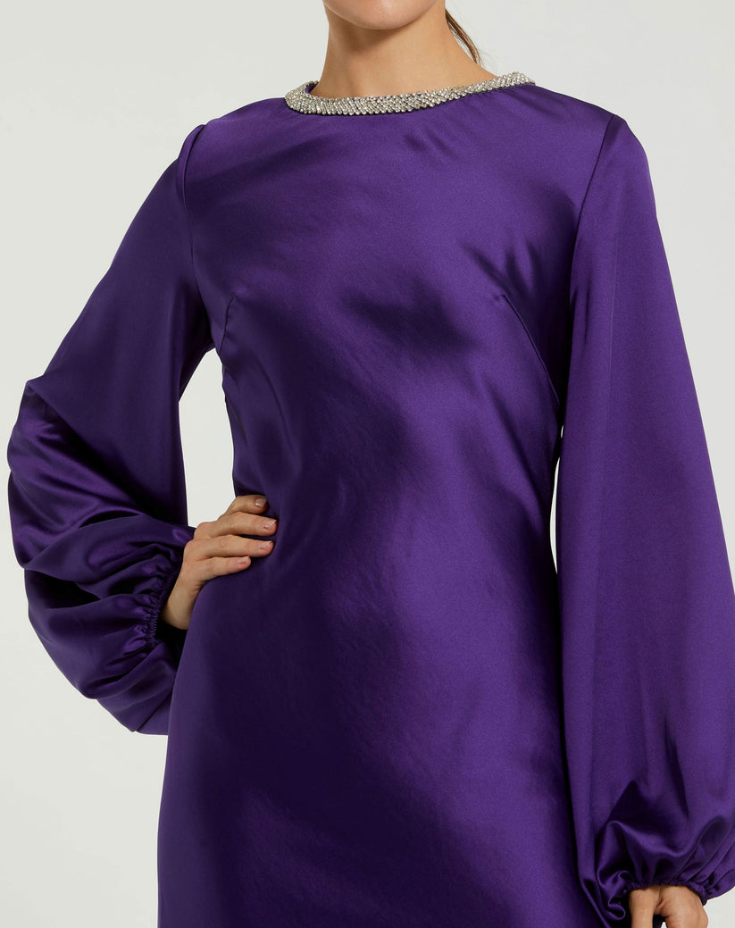 Cocktail Dresses Long Sleeve Satin Tea Length Dress Royal Purple