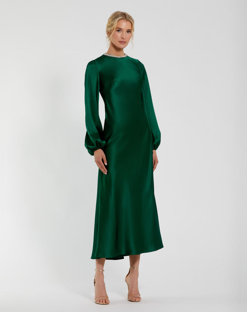 Cocktail Dresses Long Sleeve Satin Tea Length Dress Emerald