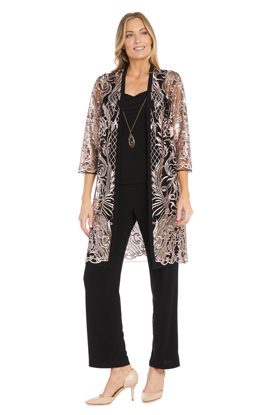 Pant Suit Long Sequin Formal Lace Pant Suit Rose/Black