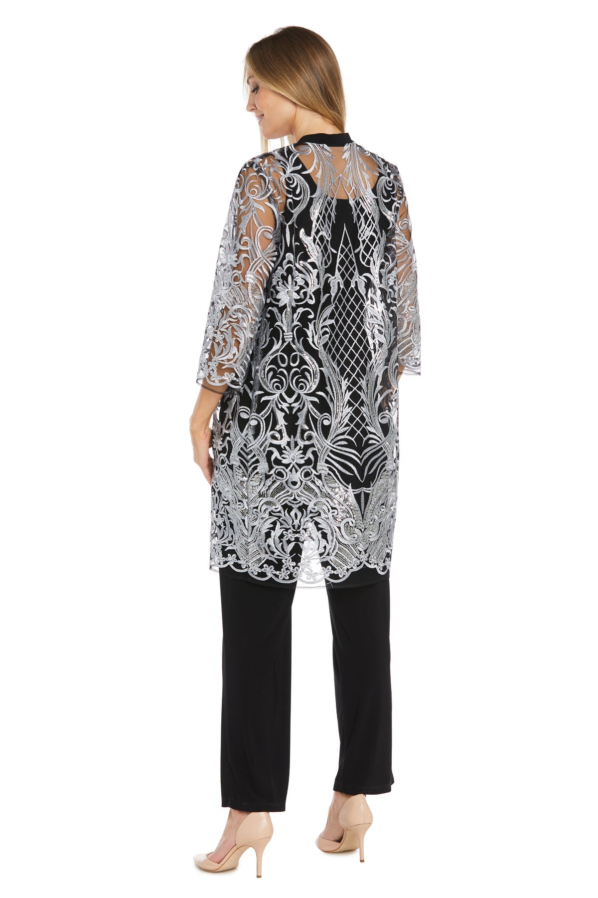 Pant Suit Long Sequin Formal Lace Pant Suit Silver/Black