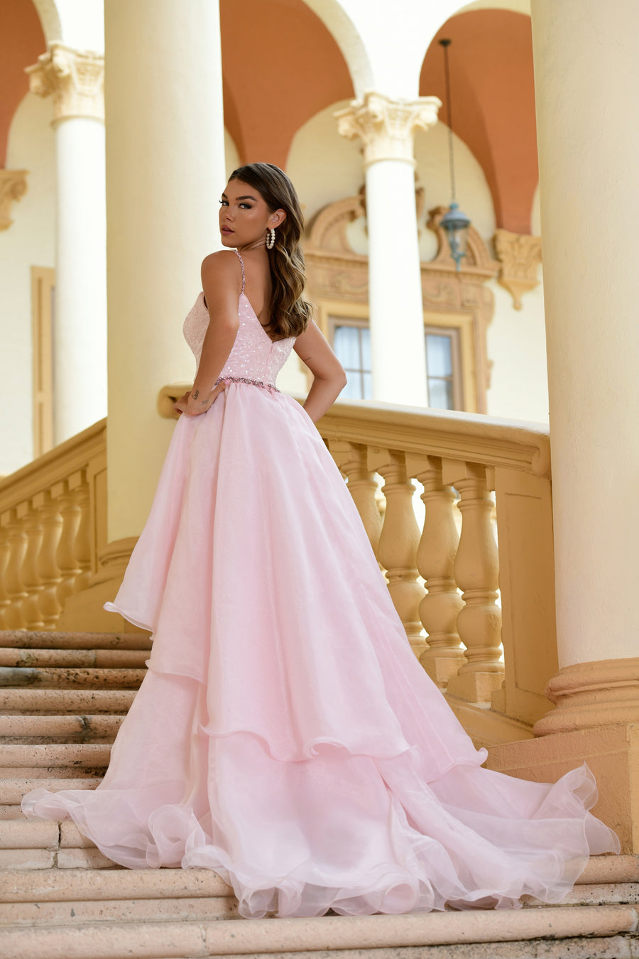 Prom Dresses Sequin Formal Prom Long Detachable Overskirt Dress Blush