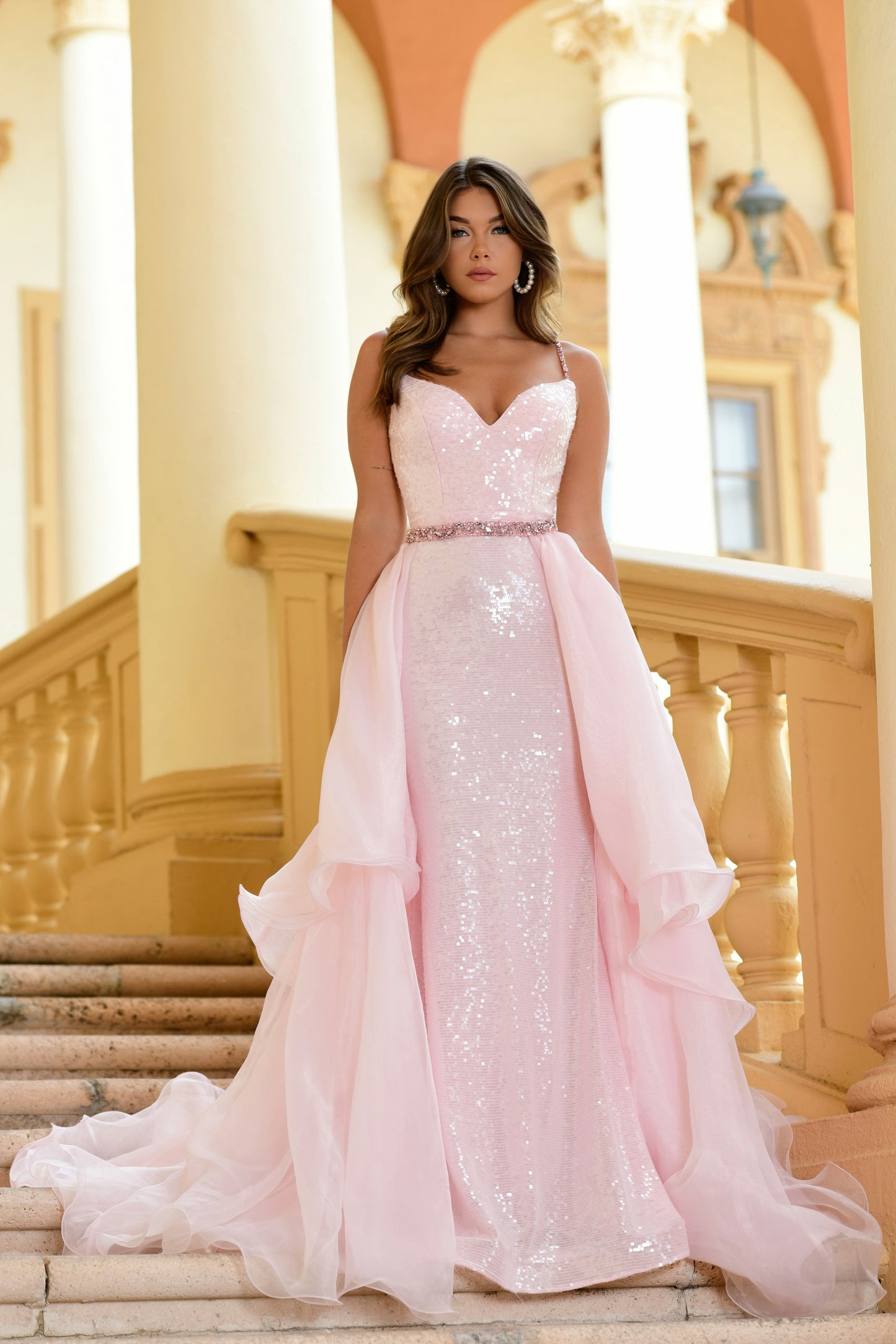 Prom Dresses Sequin Formal Prom Long Detachable Overskirt Dress Blush