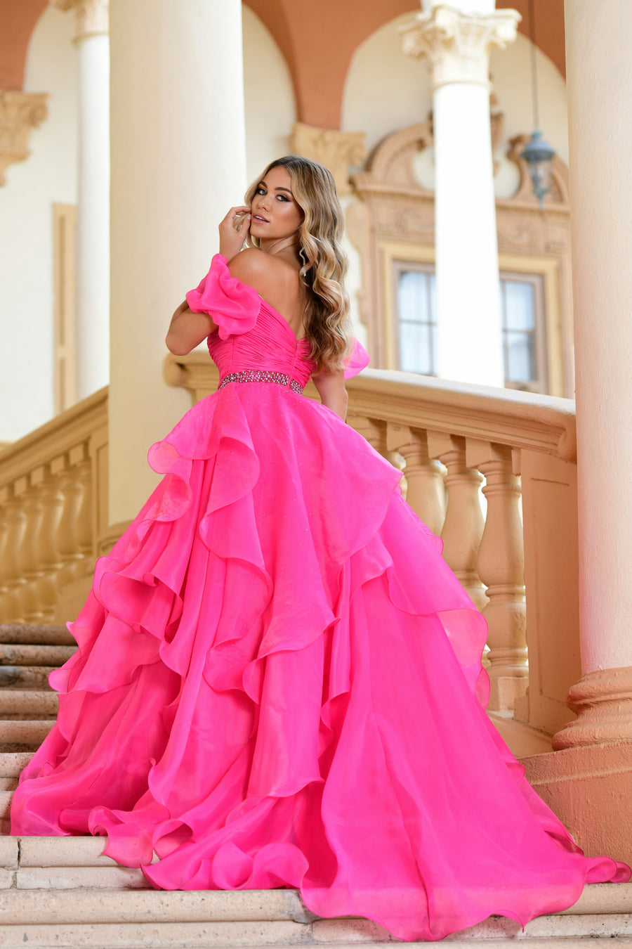 Prom Dresses Tiered Ruffle Formal Prom Long Ball Gown Fuchsia