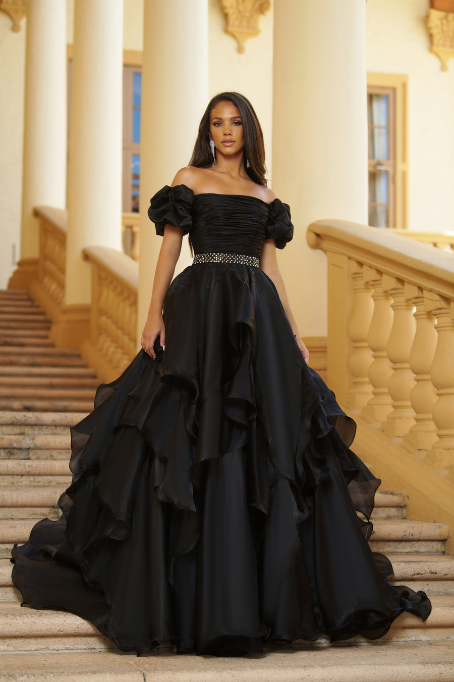 Prom Dresses Tiered Ruffle Formal Prom Long Ball Gown Black