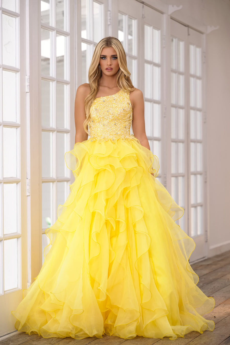 Prom Dresses Beaded Formal Prom Long Tiered Ball Gown Yellow