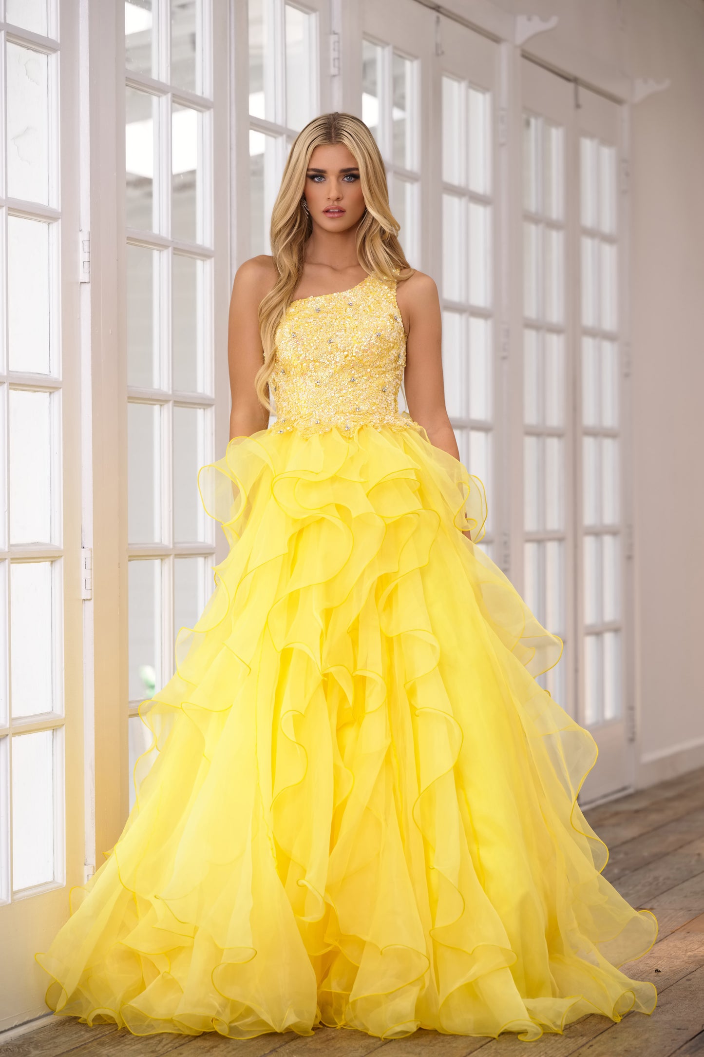 Prom Dresses Beaded Formal Prom Long Tiered Ball Gown Yellow