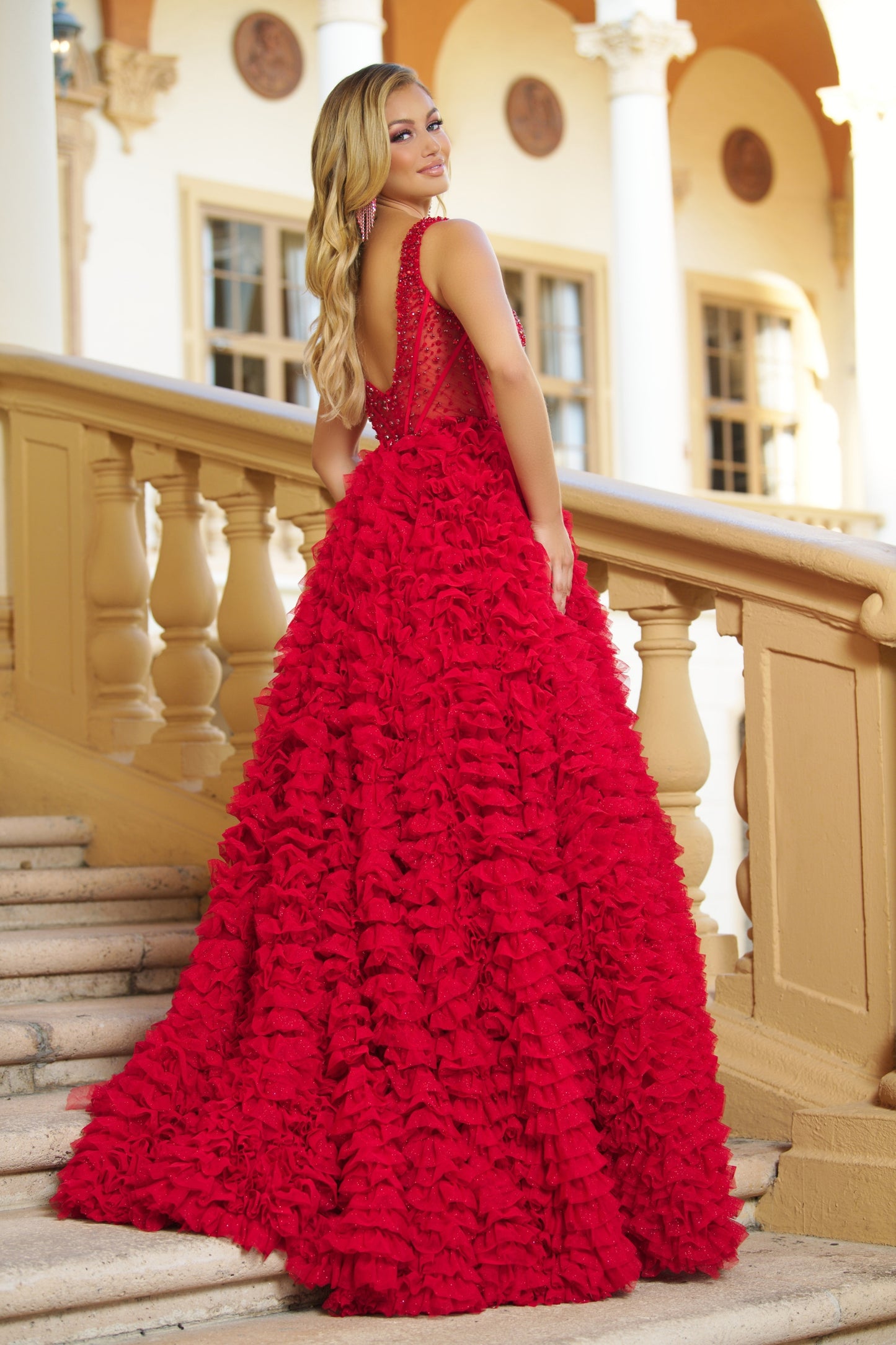 Prom Dresses Formal Beaded Ruffle Prom Long Dress Red