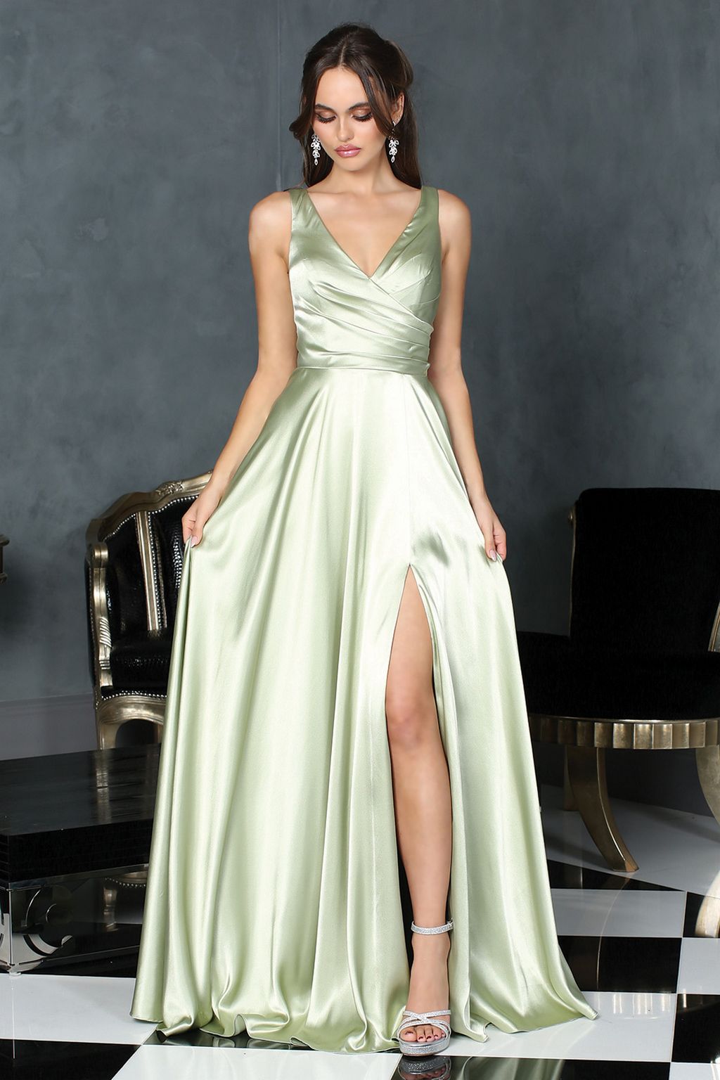 Prom Dresses Pleated Long Formal Slit A Line Prom Dress Sage