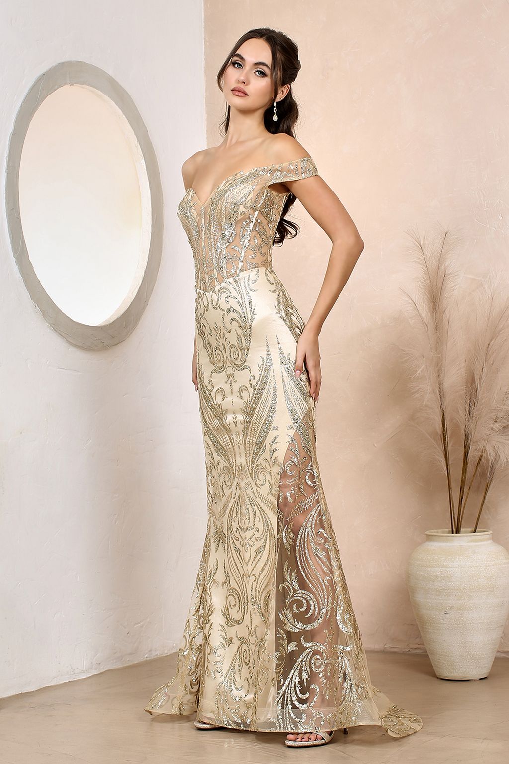 Prom Dresses Long Formal Glitter Print Mermaid Prom Dress Champagne