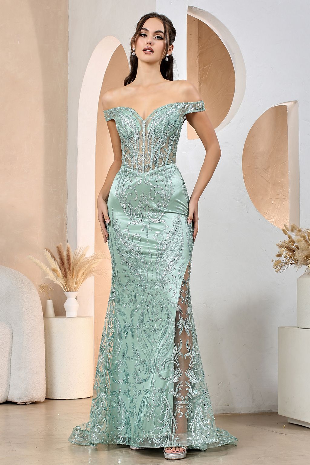 Prom Dresses Long Formal Glitter Print Mermaid Prom Dress Sage