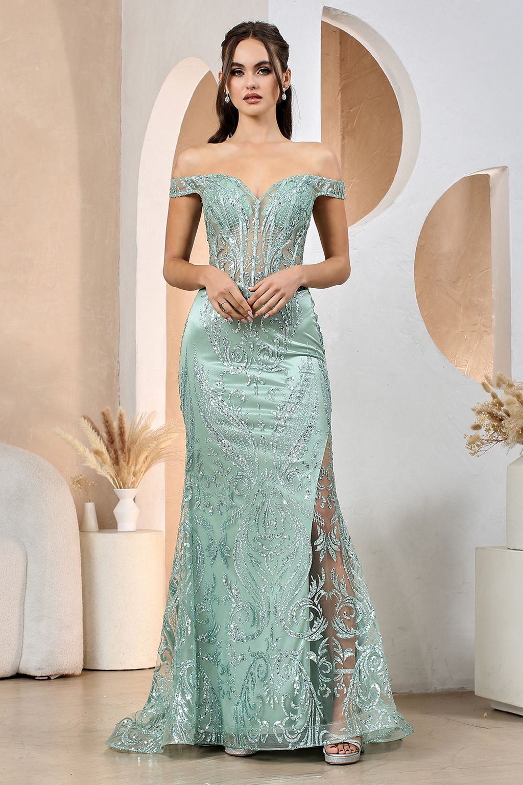 Prom Dresses Long Formal Glitter Print Mermaid Prom Dress Sage