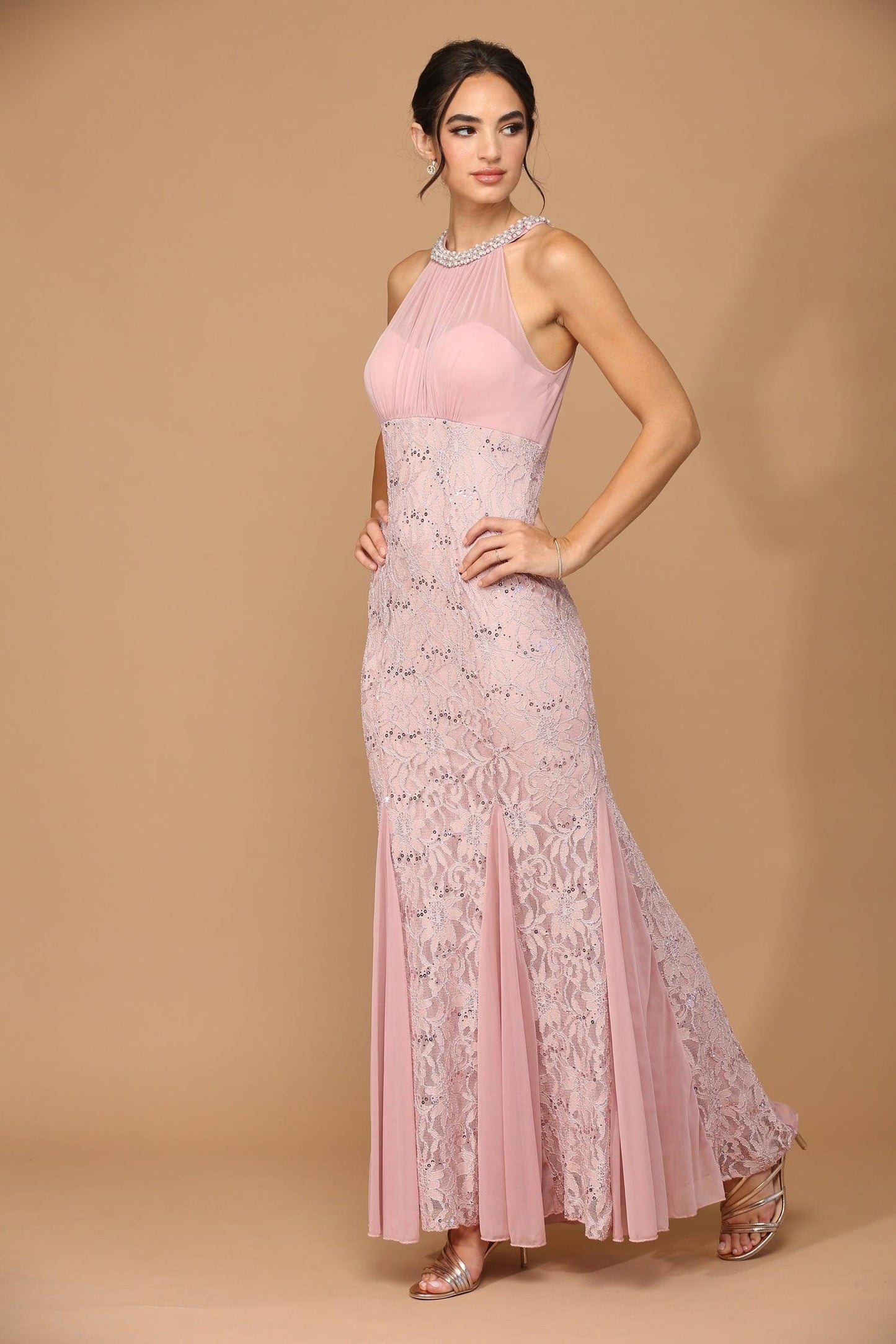 Long Fitted Formal Halter Lace Chiffon Dress Sale