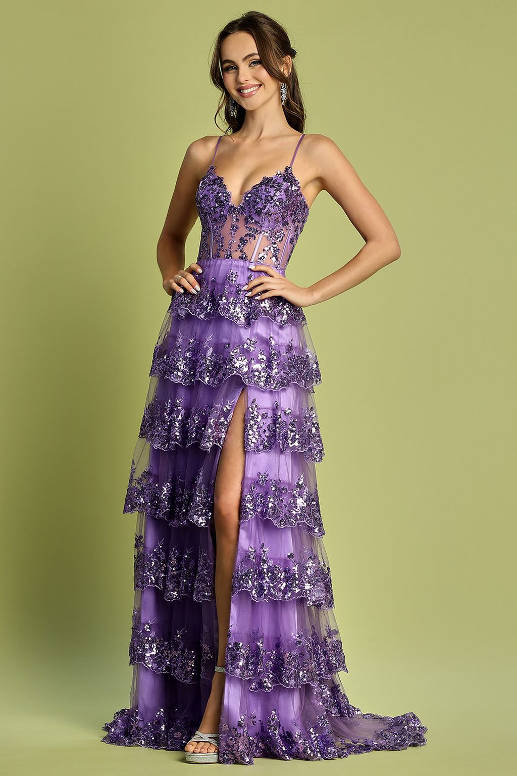 Prom Dresses Long Sequin A Line Ruffle Formal Prom Dress  Lavender