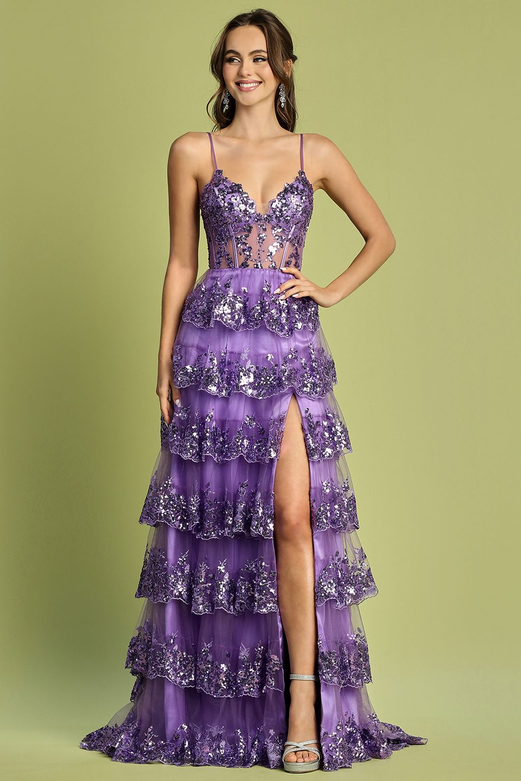 Prom Dresses Long Sequin A Line Ruffle Formal Prom Dress  Lavender