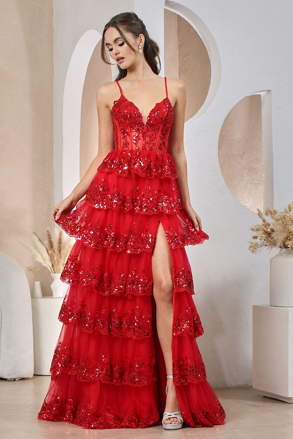 Prom Dresses Long Sequin A Line Ruffle Formal Prom Dress  Red