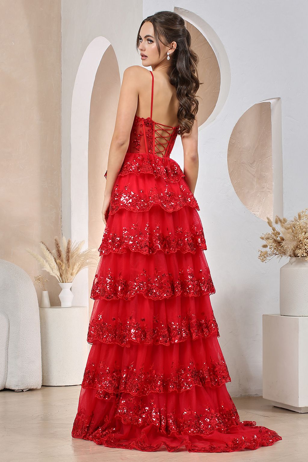 Prom Dresses Long Sequin A Line Ruffle Formal Prom Dress  Red