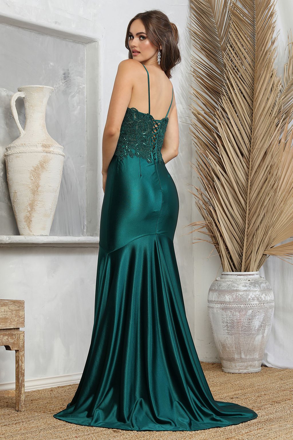 Prom Dresses Long High Slit Lace Formal Mermaid Prom Dress Emerald