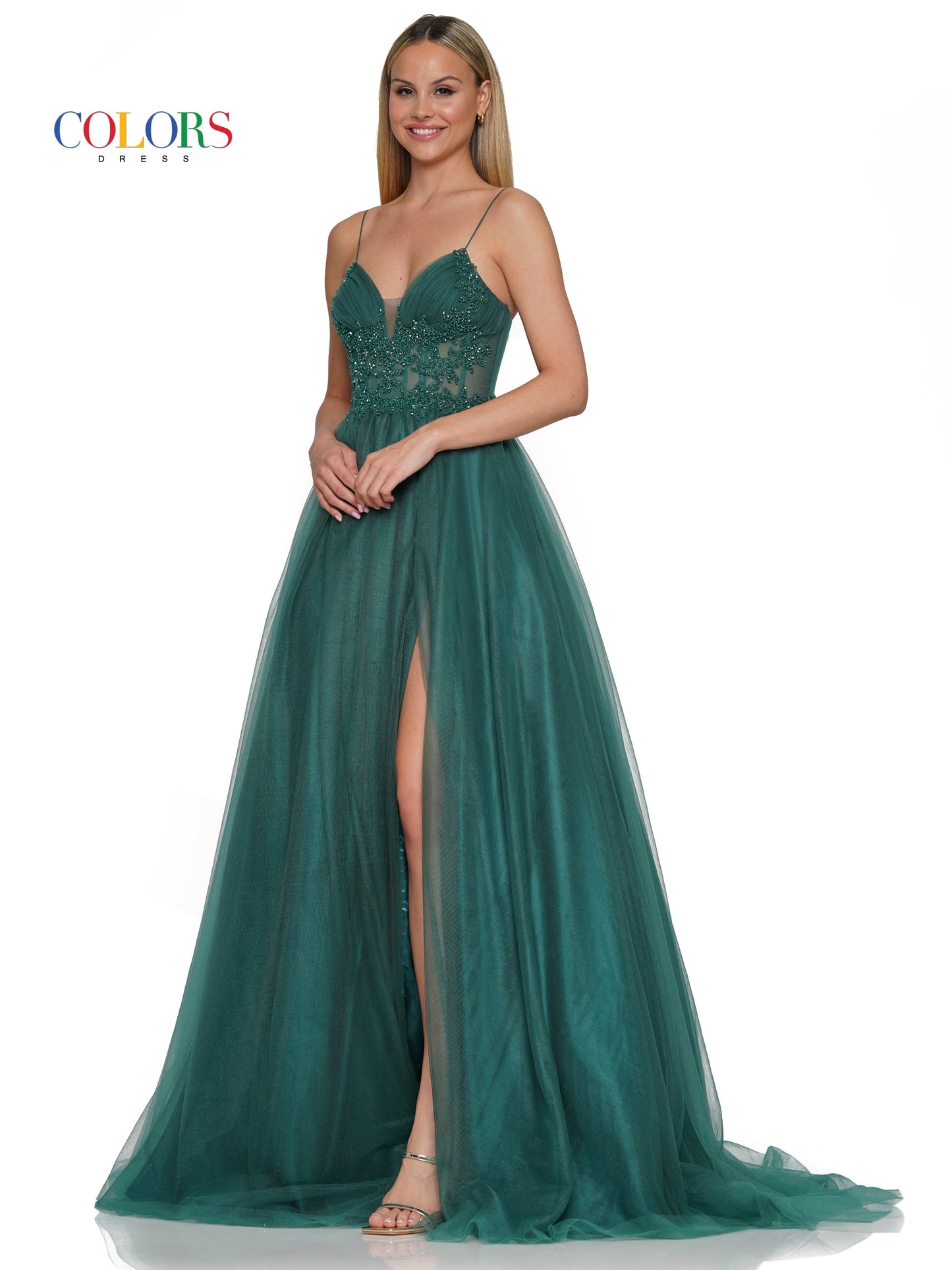 Prom Dresses Long Spaghetti Strap Beaded Mesh Prom Ball Gown Deep Green