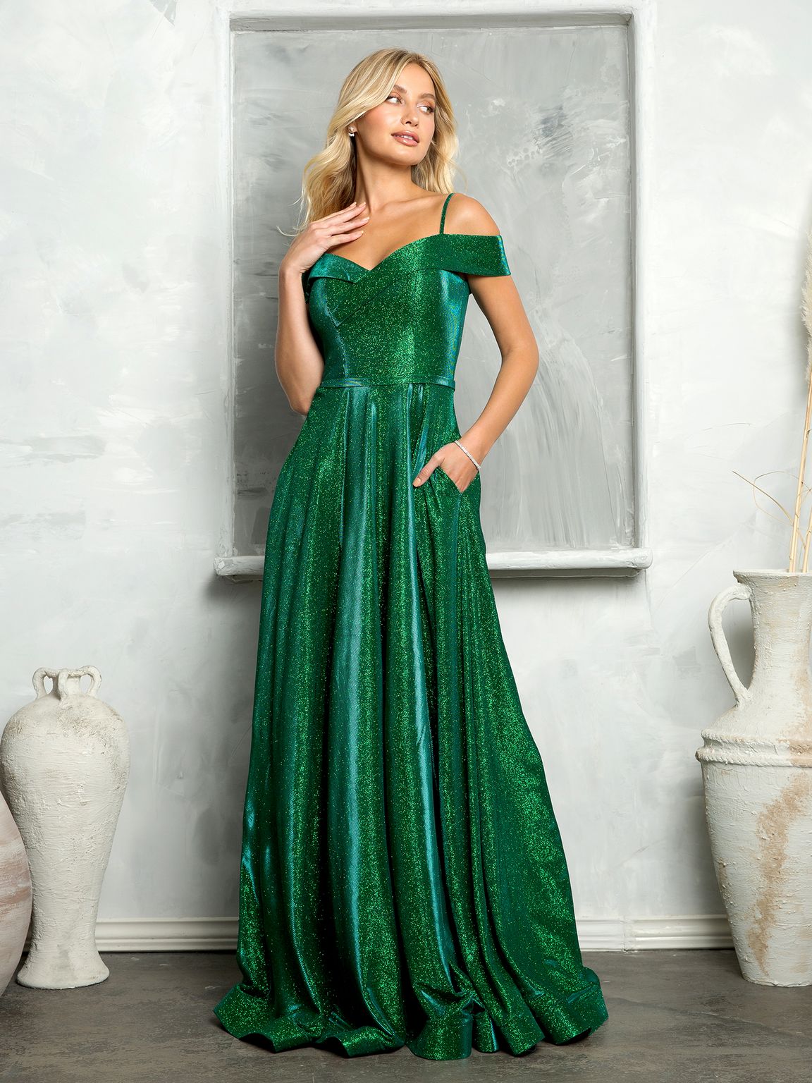 Prom Dresses Long Formal Off Shoulder Glitter Ball Gown Hunter Green