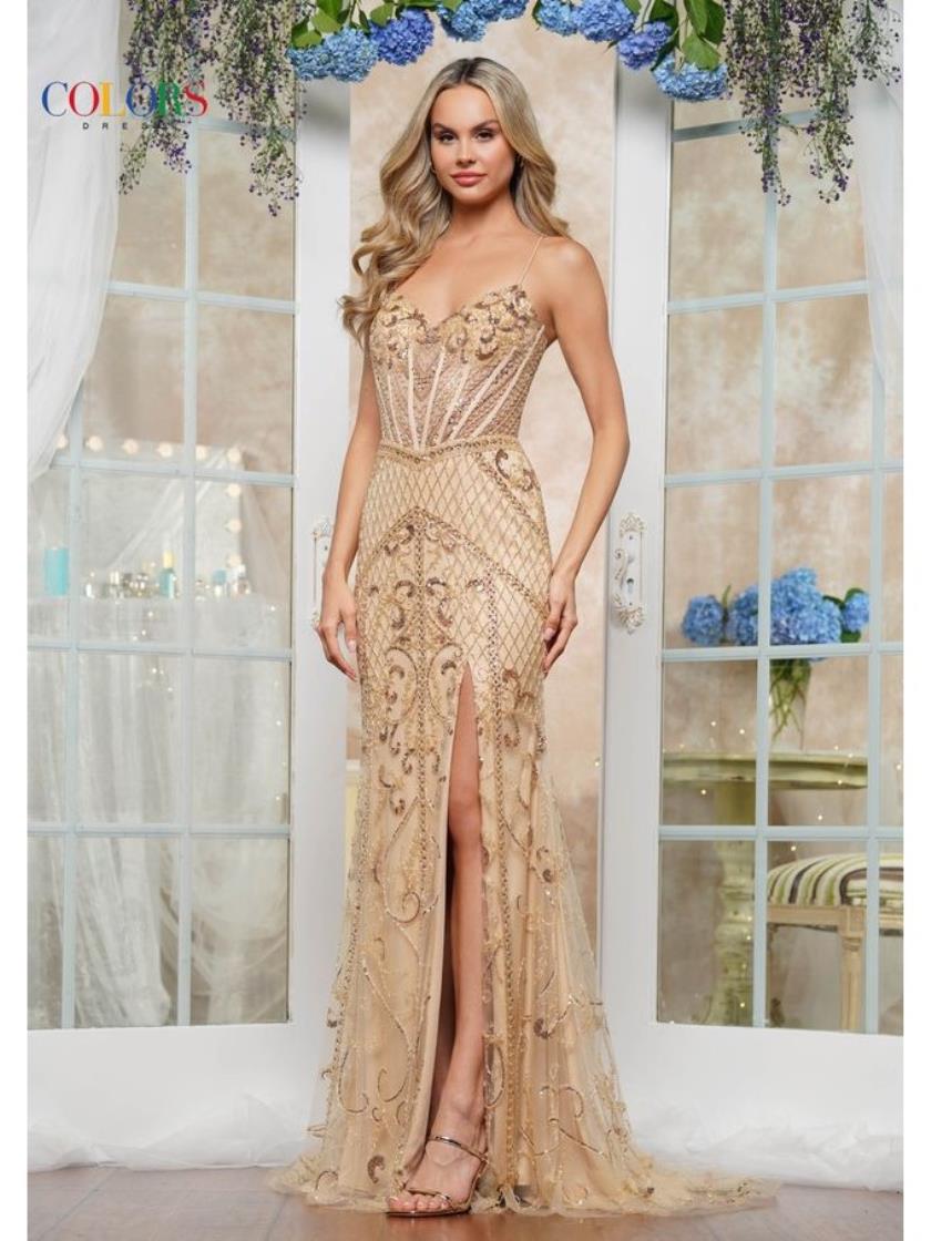 Prom Dresses Fitted Beaded Long Formal Prom Dress Gold