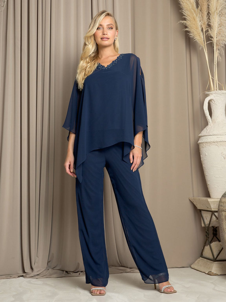 Pant Suit Long Formal Chiffon Pant Suit  Navy