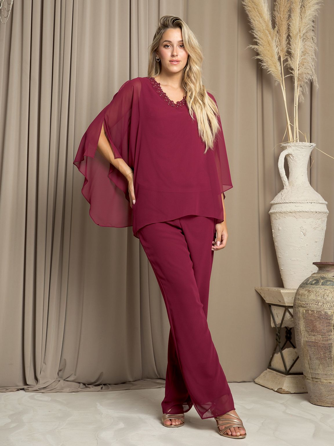 Pant Suit Long Formal Chiffon Pant Suit  Burgundy