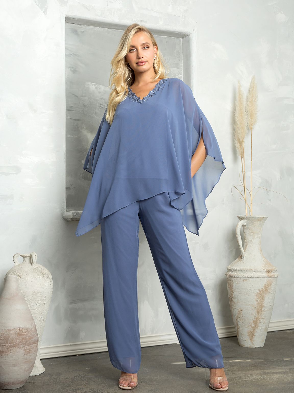 Pant Suit Long Formal Chiffon Pant Suit  Slate Blue