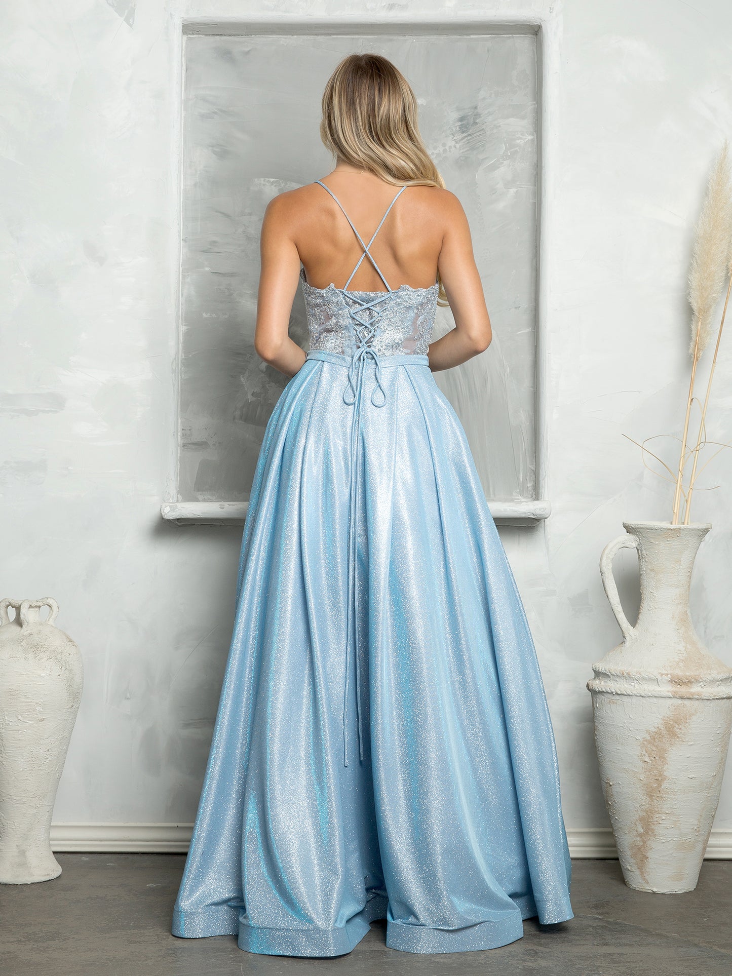 Prom Dresses Long Formal Glitter Ball Gown Metallic Prom Dress Ice Blue