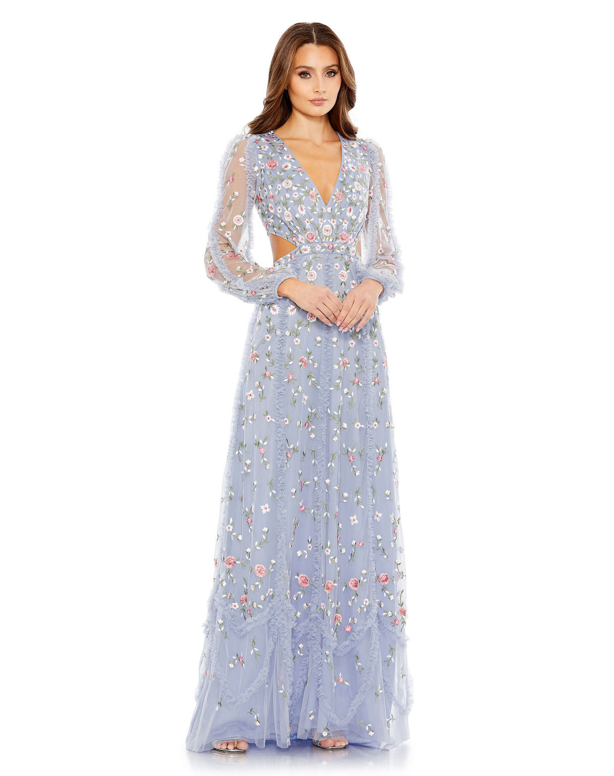 Prom Dresses Long Sleeve Floral Cut Out Formal Prom Dress Periwinkle