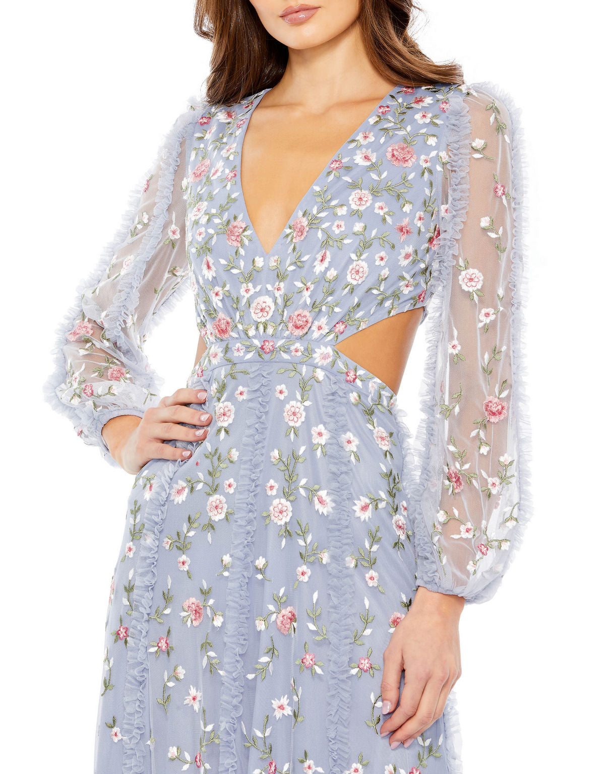 Prom Dresses Long Sleeve Floral Cut Out Formal Prom Dress Periwinkle