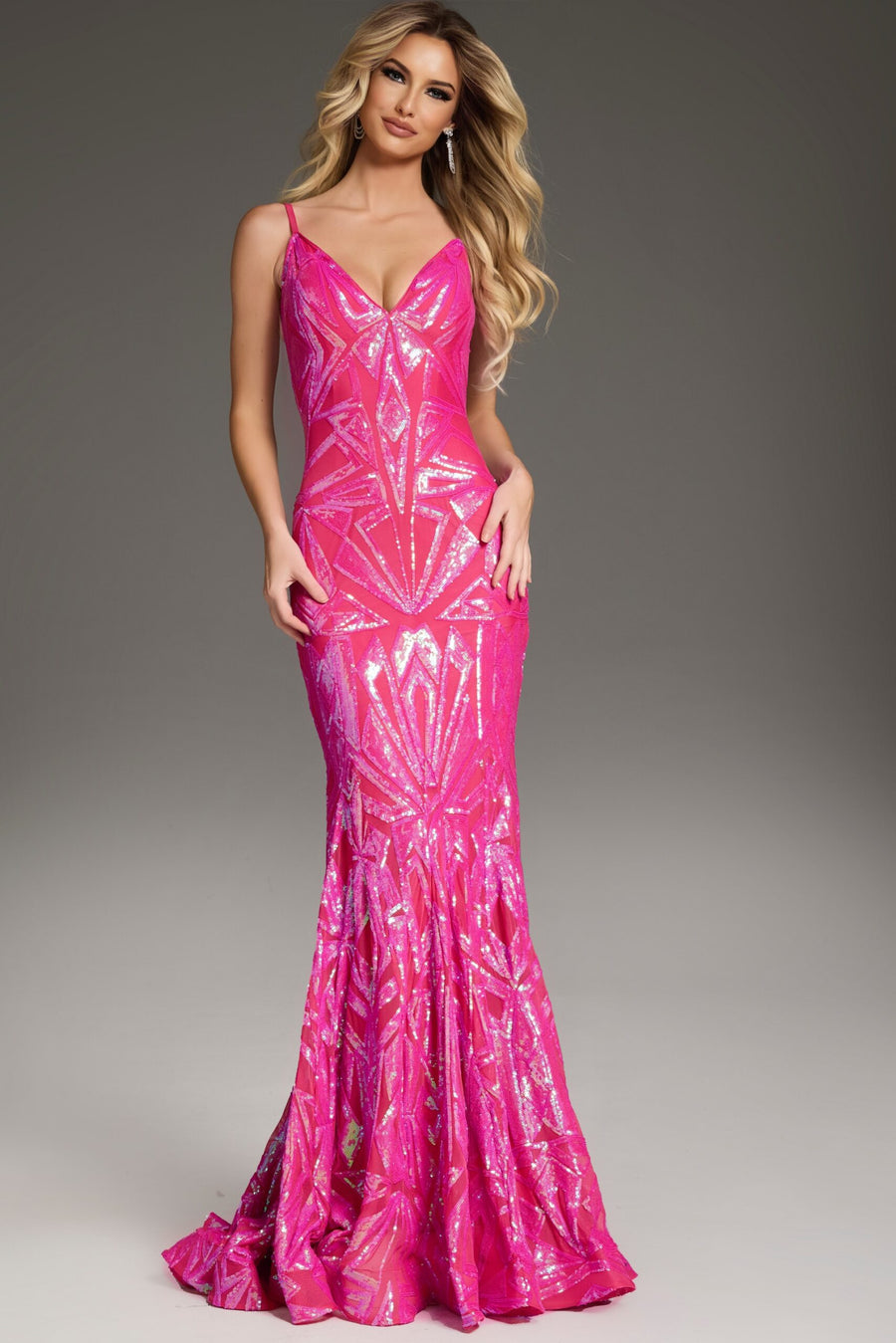 Prom Dresses Spaghetti Strap V Neck Sequined Prom Dress Hot Pink