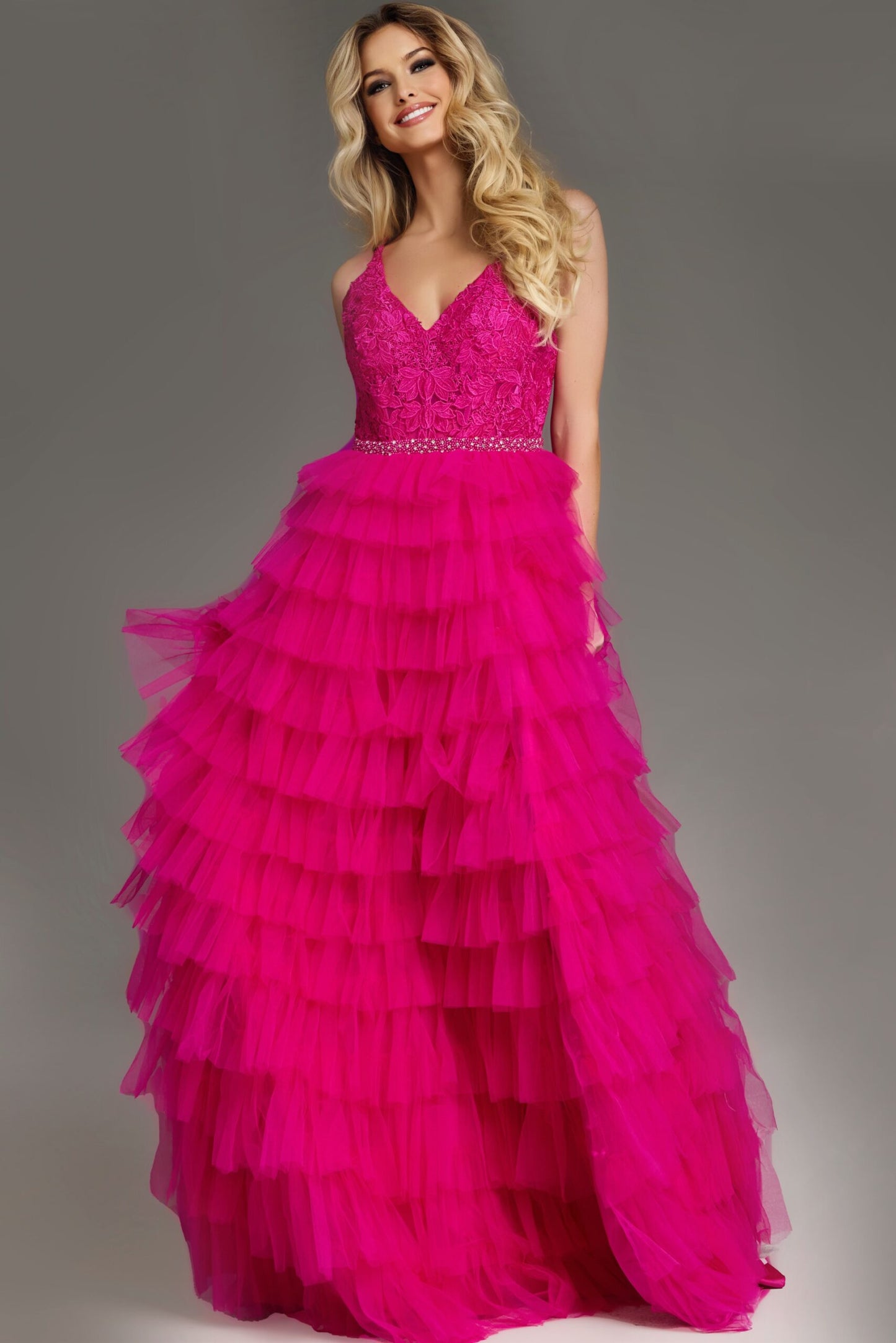 Prom Dresses Sleeveless Embellished Bodice Layered High Slit Prom Dress Fuchsia