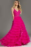 Prom Dresses Sleeveless Embellished Bodice Layered High Slit Prom Dress Fuchsia