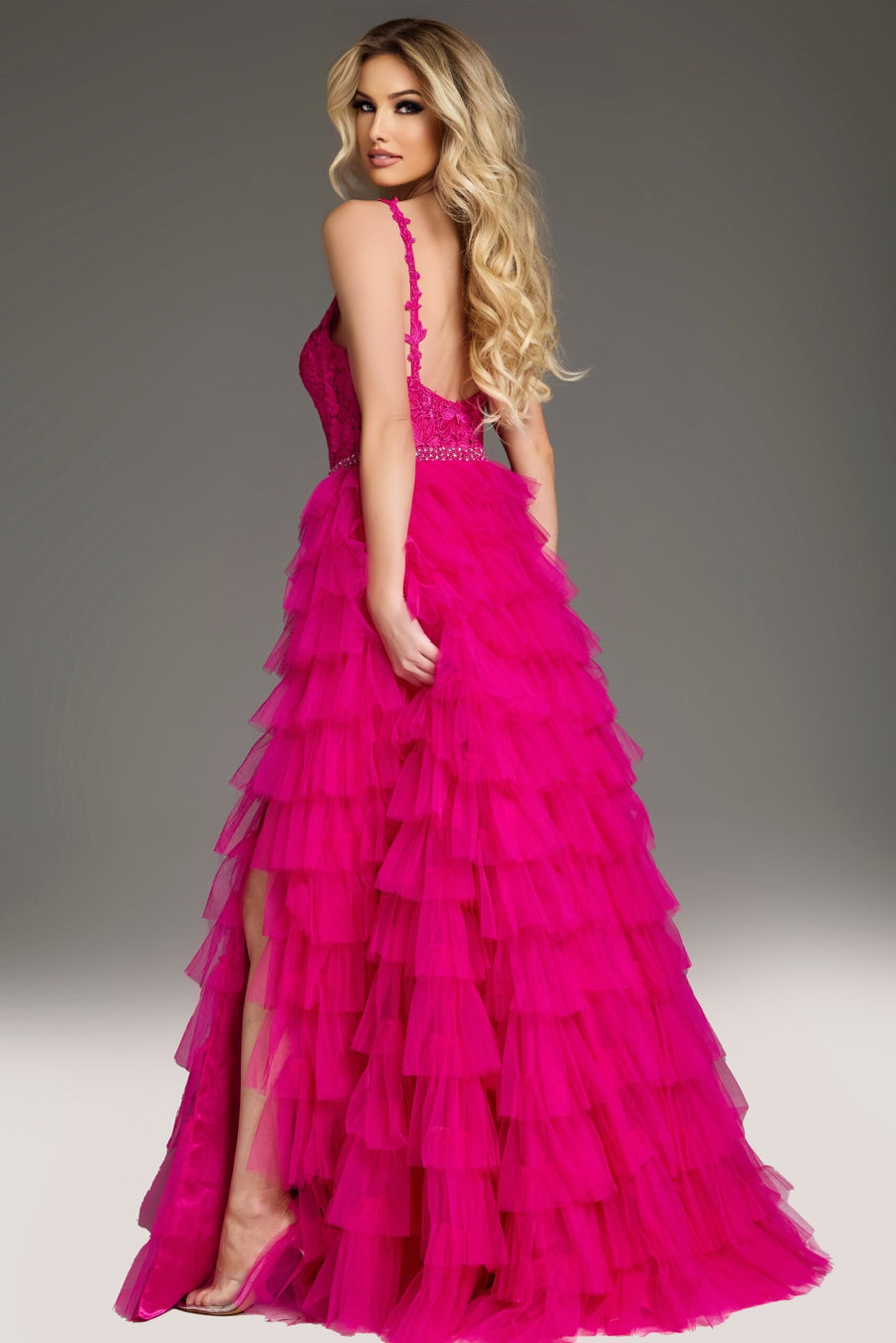 Prom Dresses Sleeveless Embellished Bodice Layered High Slit Prom Dress Fuchsia