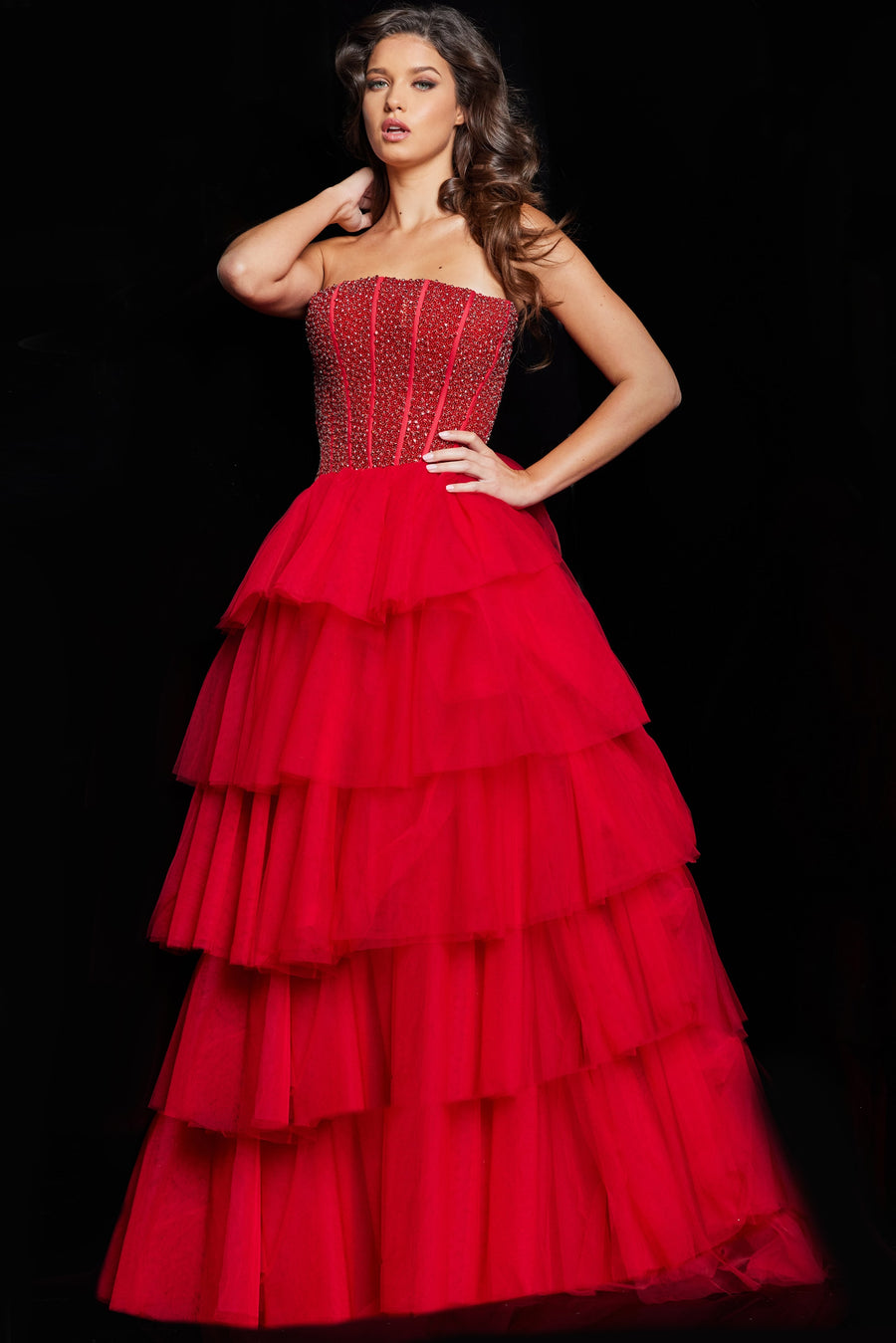 Prom Dresses Strapless Beaded Corset Prom Gown Red