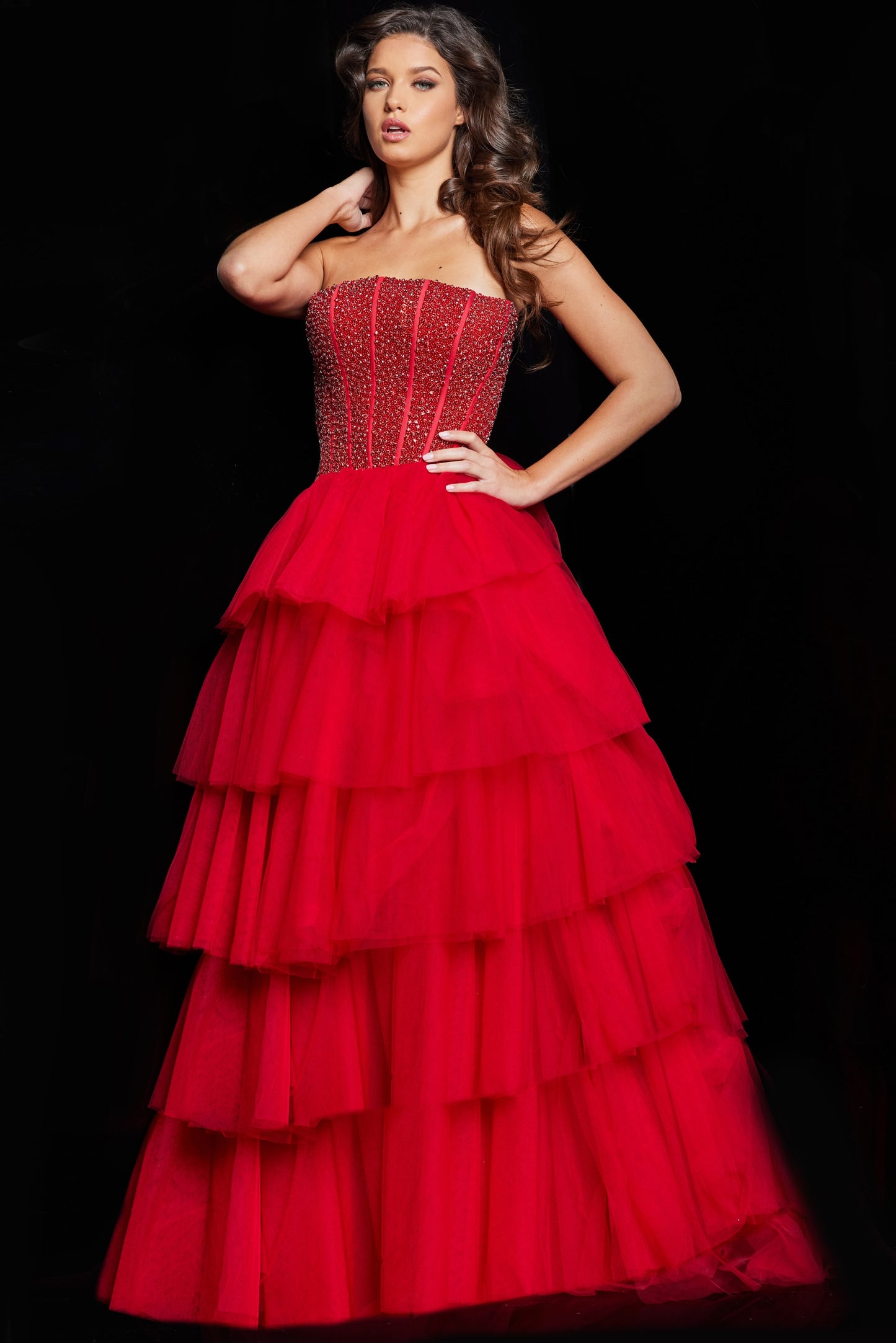 Prom Dresses Strapless Beaded Corset Prom Gown Red