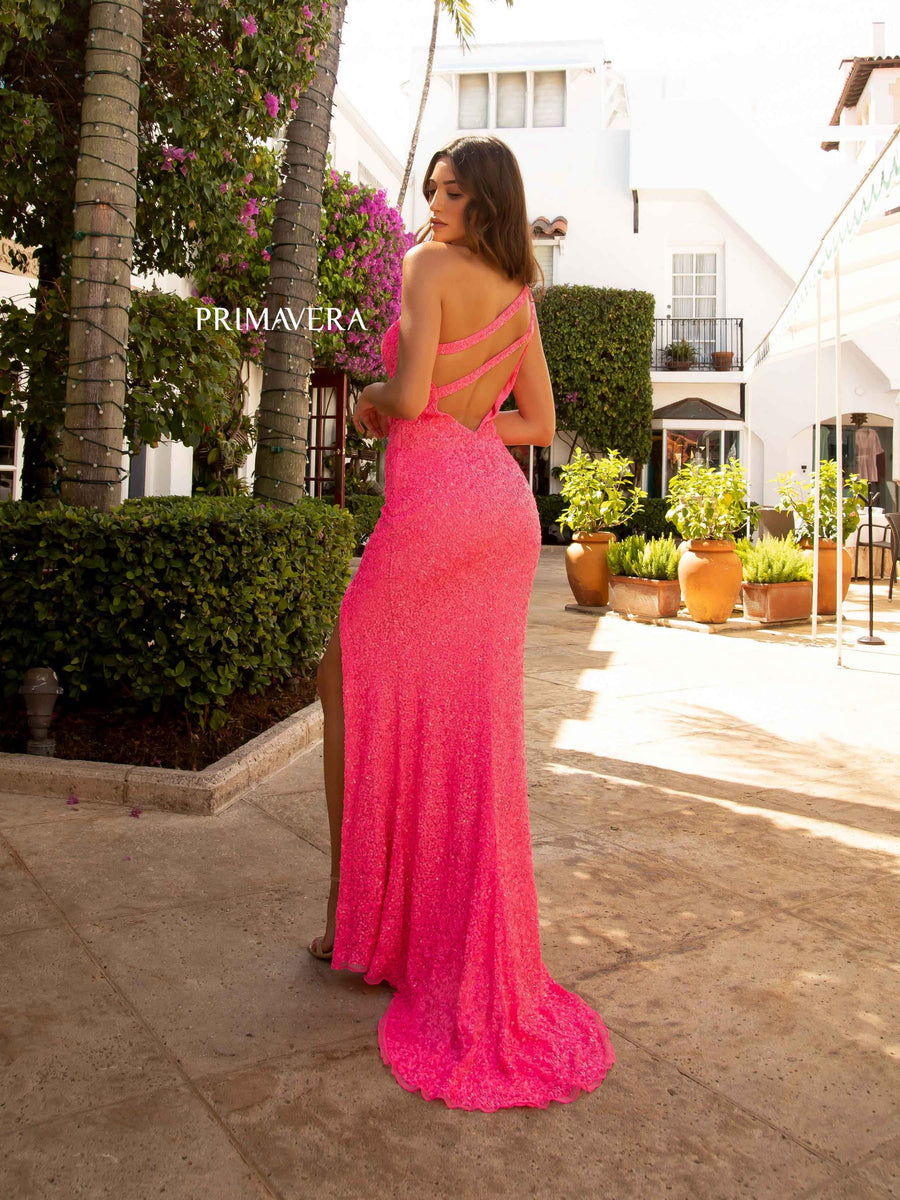 Prom Dresses Fitted Long Sequin Asymmetrical Prom Dress Neon Pink