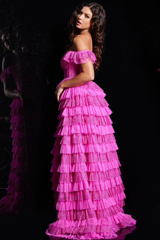 Prom Dresses Off Shoulder Layered Ballgown Hot Pink