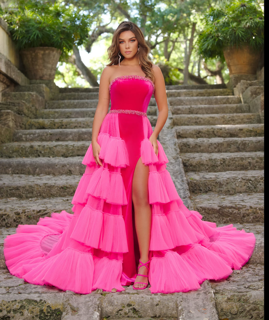 Prom Dresses Long Prom Ruffle Overskirt Formal Dress Fuchsia/Hot Pink