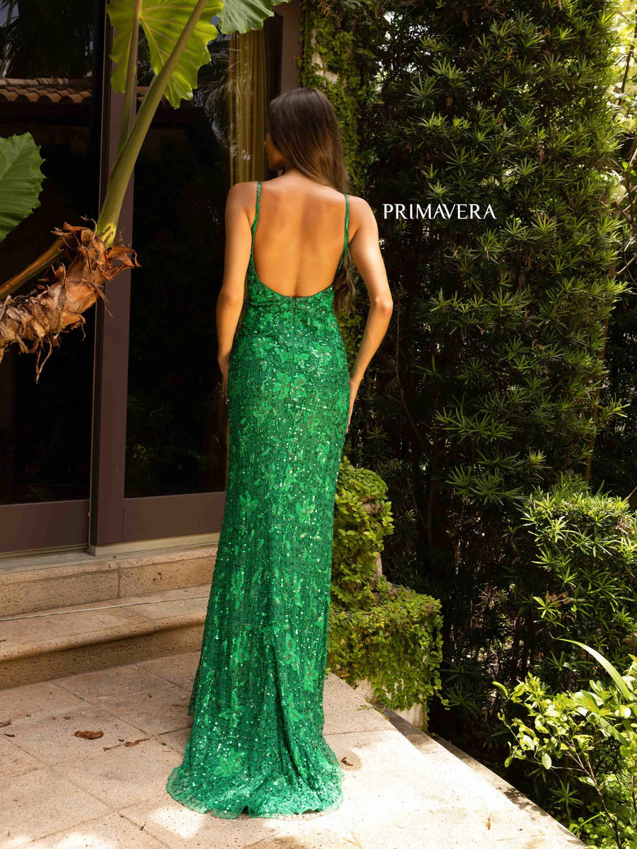 Prom Dresses Long Fitted Sequined Beaded Slit Dress Emerald