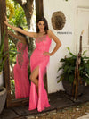 Prom Dresses Long Asymmetrical High Slit Prom Dress Neon Pink