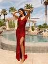 Prom Dresses Sequins Long Fitted Slit Prom Dress Red