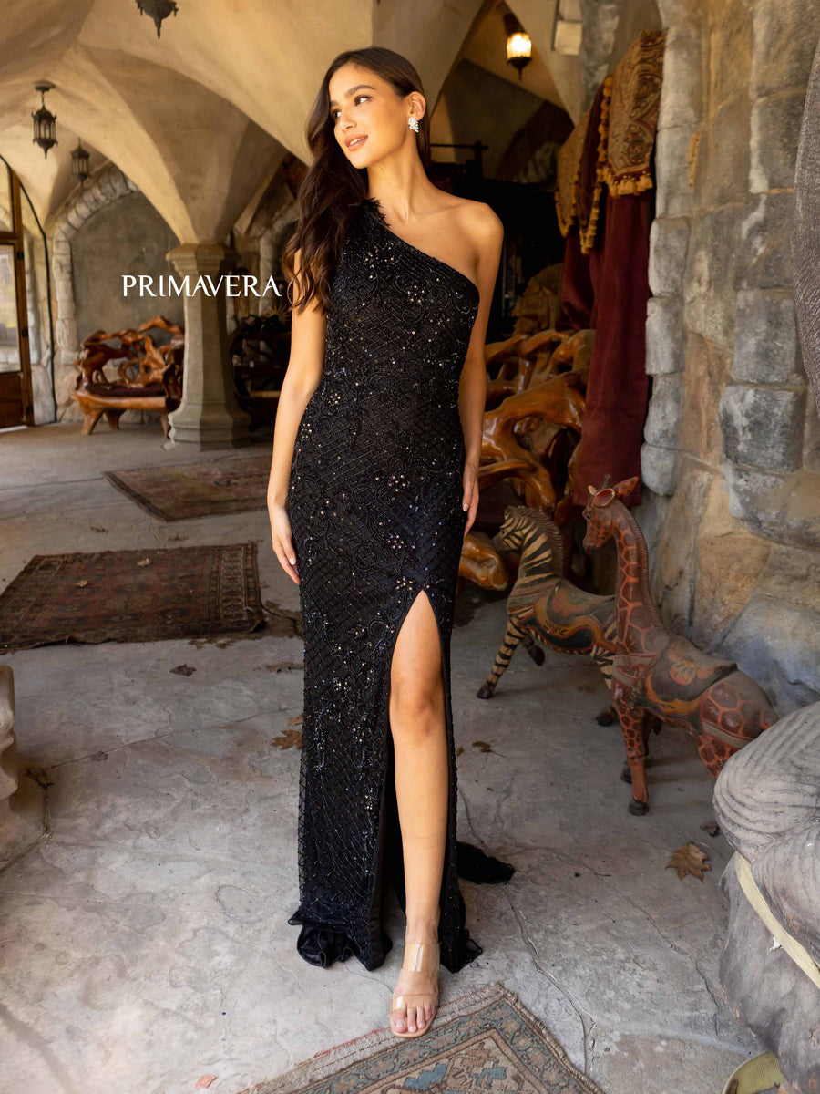 Prom Dresses Long Prom Feather on Shoulders Asymmetrical Dress Black