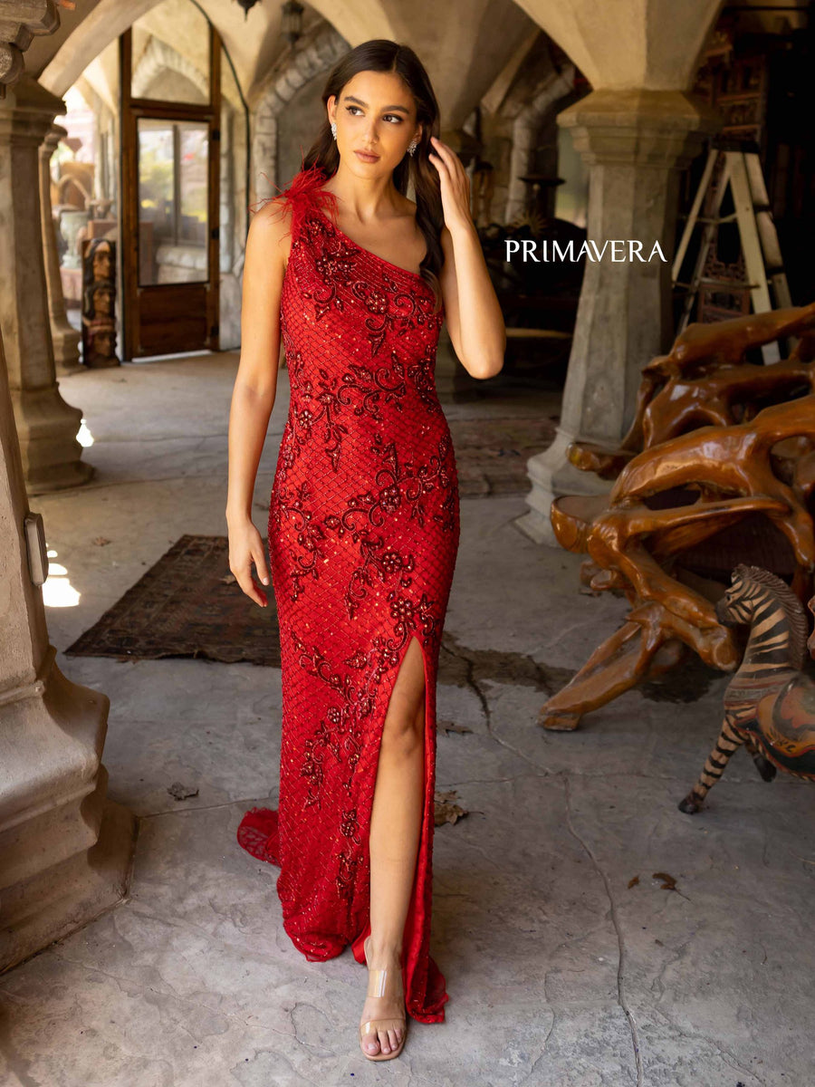 Prom Dresses Long Prom Feather on Shoulders Asymmetrical Dress Red