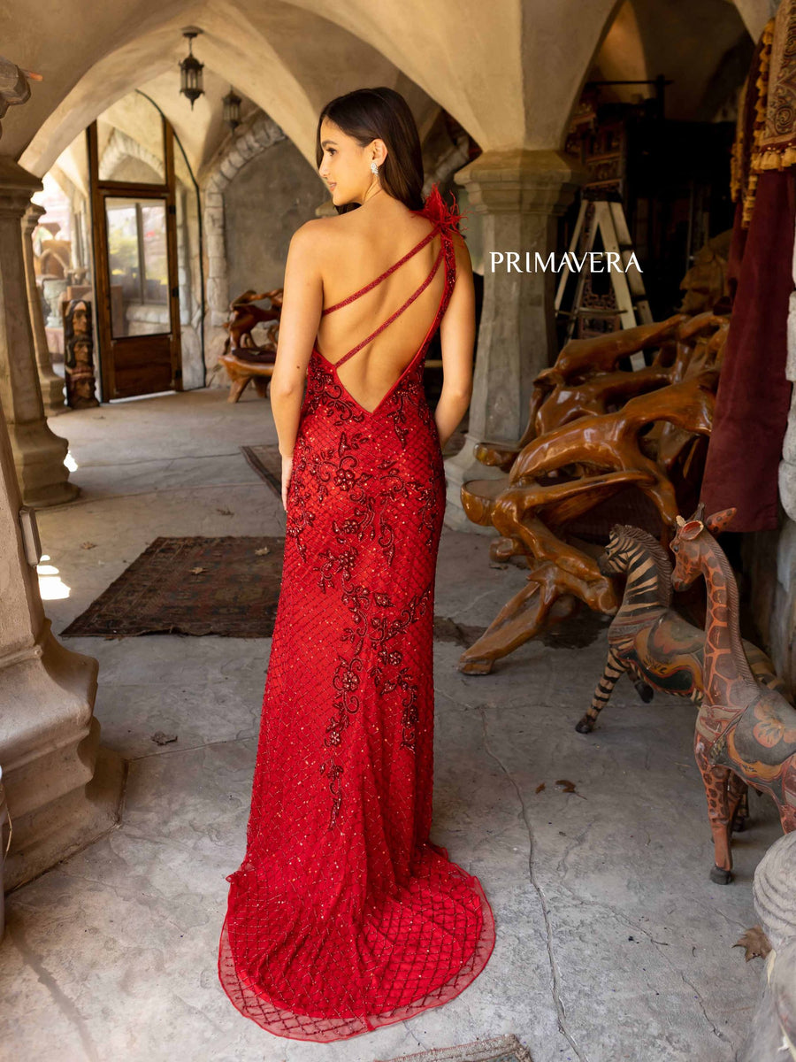 Prom Dresses Long Prom Feather on Shoulders Asymmetrical Dress Red