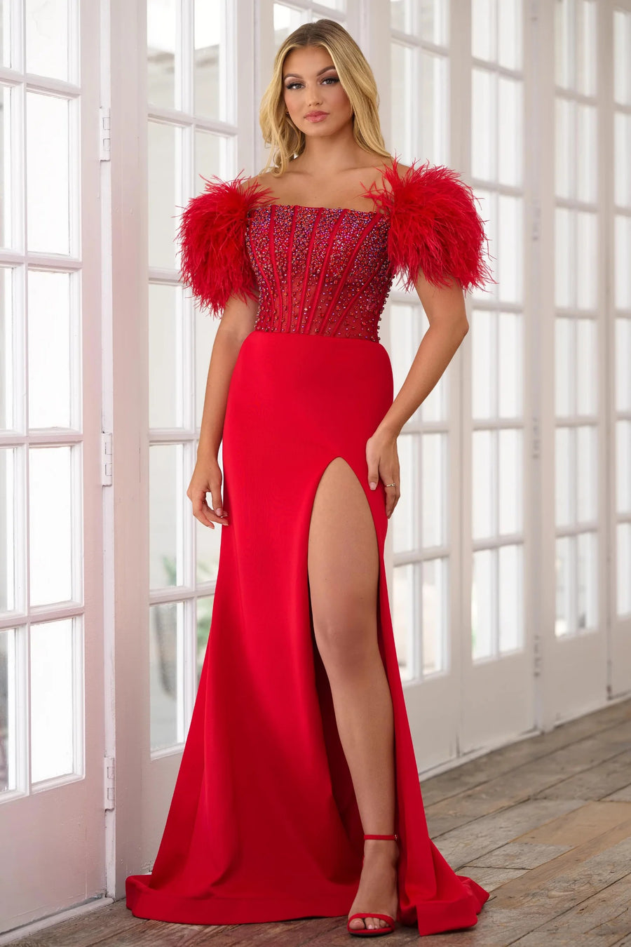 Prom Dresses Prom Feather Long Fitted Slit Dress Red