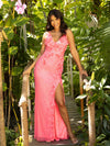 Prom Dresses Floral and Leaf Applique Long Prom Dress Neon Pink