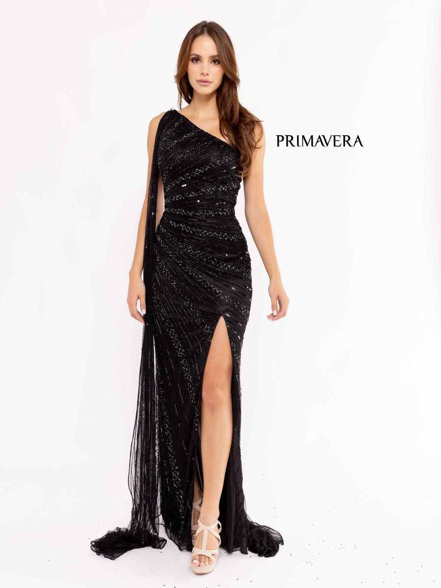 Prom Dresses Long Sequins One Shoulder Sash Prom Dress Black